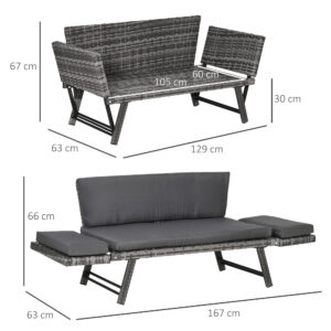 Polyrattan Gartensofa 2 Sitzer Gartenmöbel Loungesofa Gartenbank Gartenliege Klappbar Armlehnen Stahl Grau 129 X 63 X 67 Cm