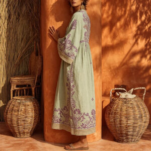 Womens Printed Cotton-Linen Long Dress