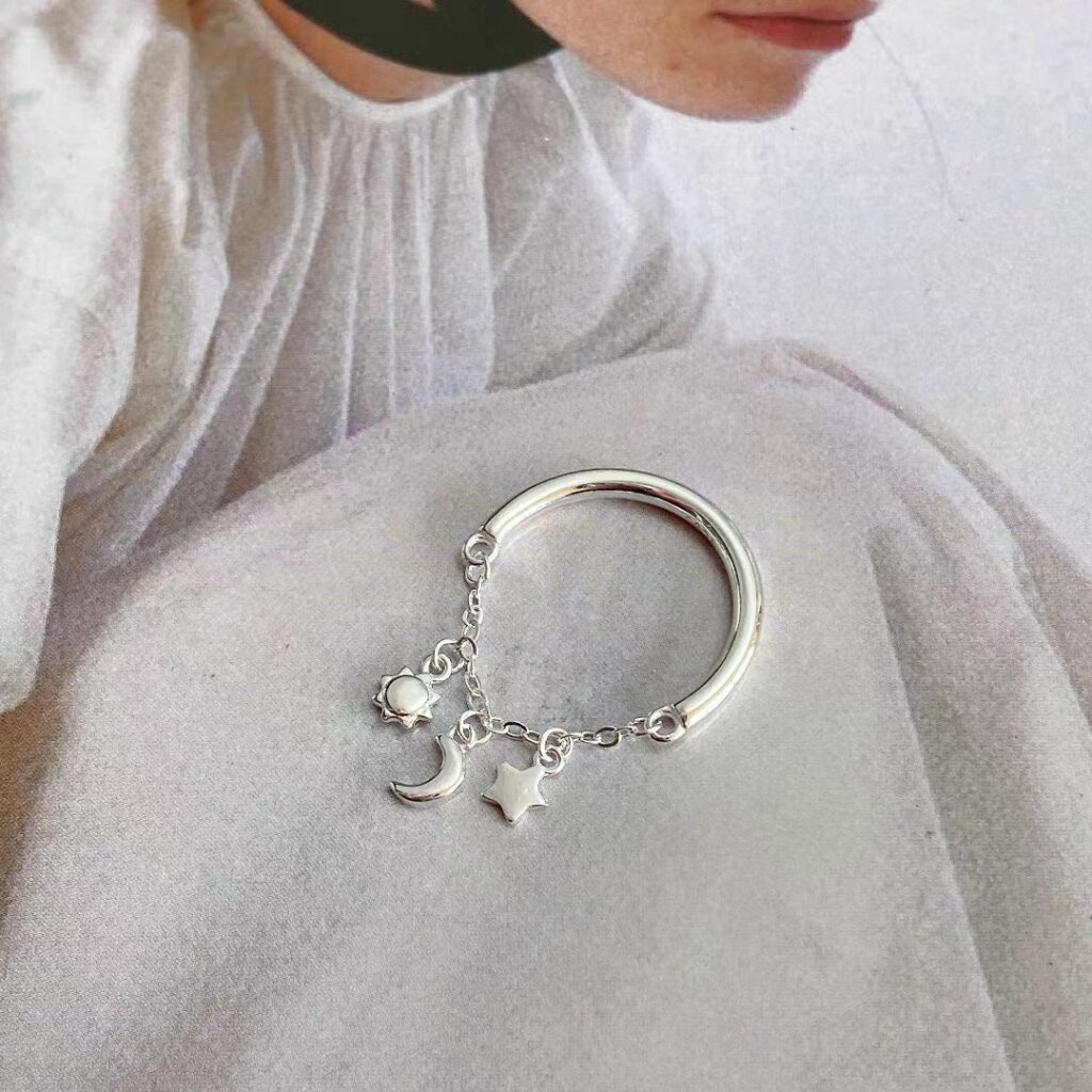 1 Piece 999 Sterling Silver Sun Moon Star Charm Open Ring, Delicate Dangling Style, For Daily Wear & Valentine's Gifts