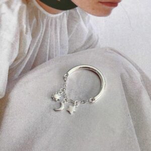 1 Piece 999 Sterling Silver Sun Moon Star Charm Open Ring, Delicate Dangling Style, For Daily Wear & Valentine’s Gifts