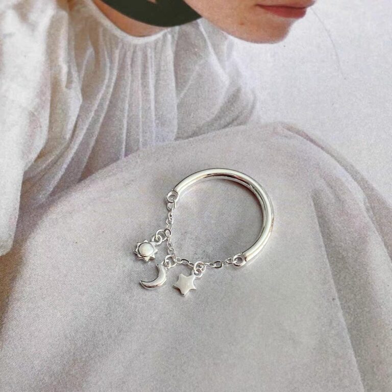 1 Piece 999 Sterling Silver Sun Moon Star Charm Open Ring, Delicate Dangling Style, For Daily Wear & Valentine’s Gifts