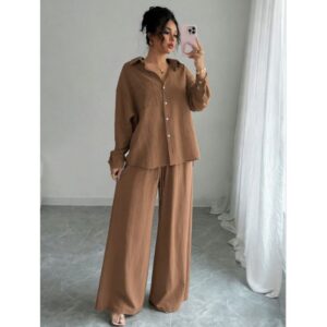 Chic Two-piece Set Plus-size Casual Shirt And High-waisted Wide-leg Pants Suit