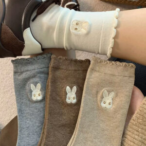 Coquette Bunny Embroidered Crew Socks, Ruffle Cuff Knit Socks, Women's Casual Socks For Fall & Winter