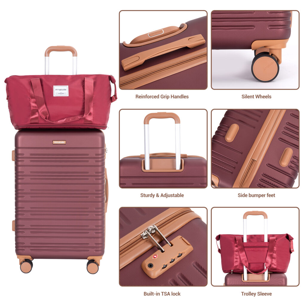 6 Piece Luggage Set, ABS Hard Shell Travel Suitcase With TSA Lock,WINE RED