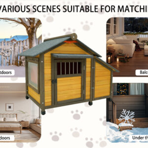 50 Insulated Wooden Dog House For Small Medium Dogs, All-Weather Outdoor Kennel With Removable Thermal Curtain, Lockable Door, Opening Glass Window & Asphalt Shingled Roof