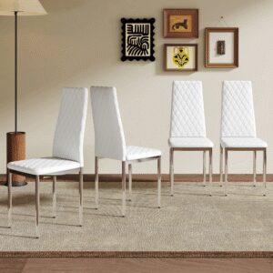 Modern White PU Dining Chairs Set Of 4 - Diamond Quilted High Back Design With Silver Chrome Metal Legs, Essential For Minimalist Homes, High Comfort & Affordability, Perfect For Kitchen,W1151107273