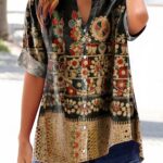 Fashionable Short-Sleeve Top For Women Printed V-Neck 3D