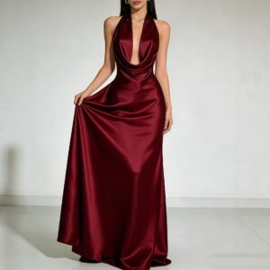 Summer Slip-neck Backless Satin Evening Gown Dress
