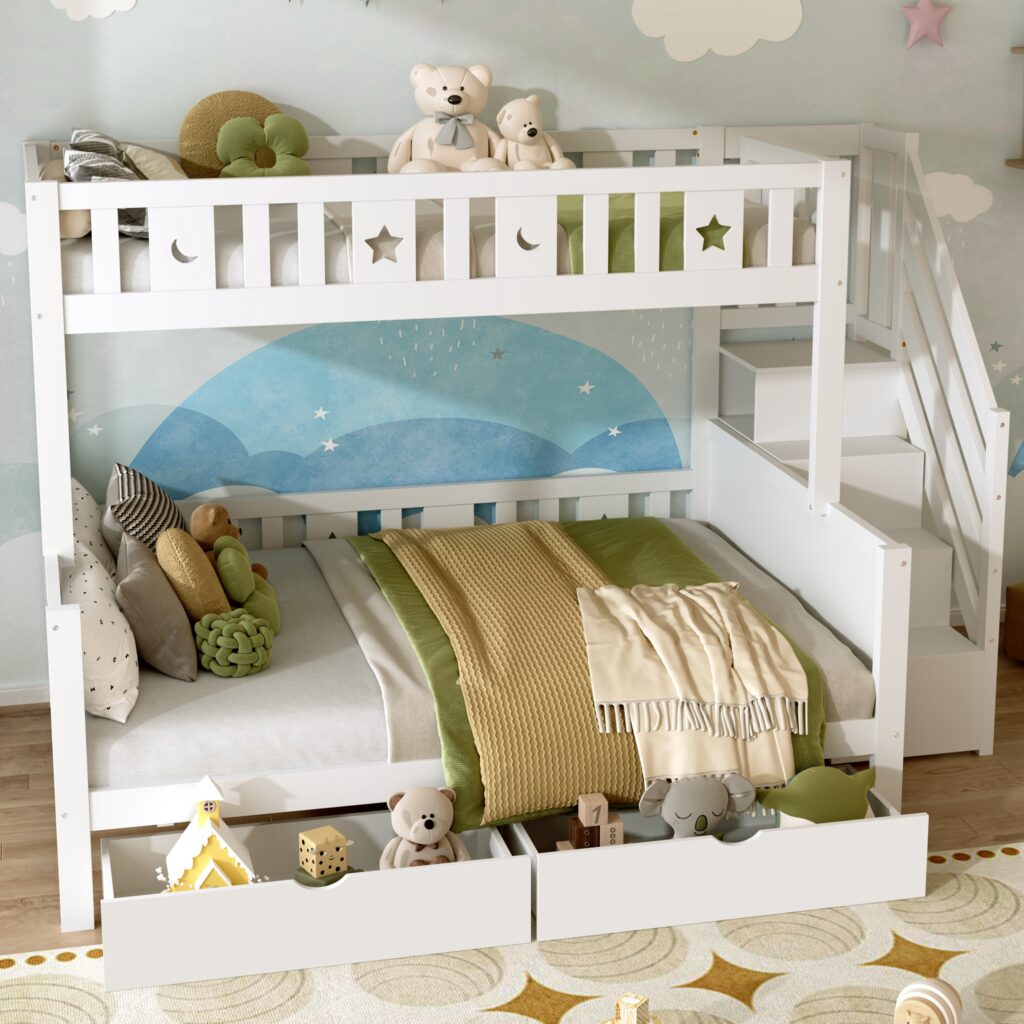 Bunk Bed With Two Storage Drawers And Side Hidden Storage Compartments, Solid Wood Loft Bed Frame With Space-Saving Design, Safety Guardrails & Staircase, Star And Moon Motifs, White No Mattress