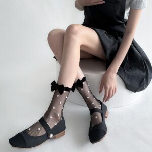 Spring And Summer Cool Wear With Polka Dot Glass Fiber Short Socks, Black And White Polka Dot Ultra-thin Translucent Flesh Sweet Bow Mid Tube Socks