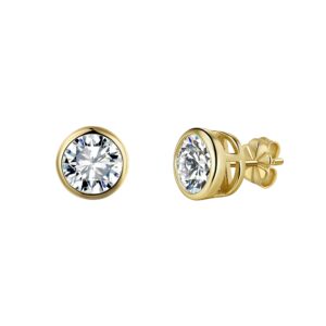 925 Sterling Silver Classic Round CZ Stud Earrings in 14K Gold with Four-Prong Setting