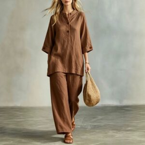 Womens Summer Casual Solid-color Resort-style Buttoned Chic And Elegant Pantsuit
