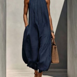 Linen-blend Sleeveless Crew-neck Relaxed-fit Chic Jumpsuit For Vacation-style