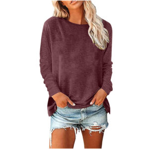 Womens Solid-Color Long-Sleeve Crew-Neck Pullover T-Shirt