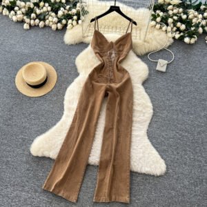 Niche-design Hollow-out Strap-waistband Denim Jumpsuit