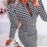 Houndstooth Dress - Women's Long Sleeve Mini Skirt Dress with Fitted Waist and A-Line Silhouette