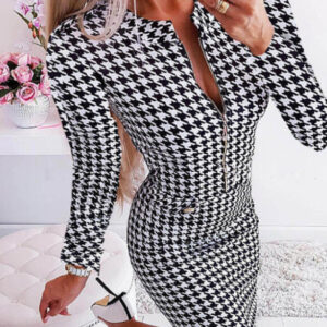 Houndstooth Dress – Women’s Long Sleeve Mini Skirt Dress with Fitted Waist and A-Line Silhouette