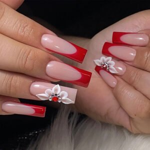 French-style Floral Rhinestone Chain Fake Nails For Women