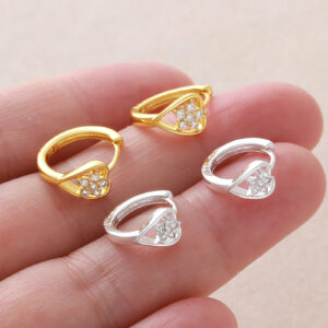 1 Pair Real Gold Plated Copper Earrings, Creative Heart & Flower Hoop & Stud Earrings With Zircon Inlay For Women