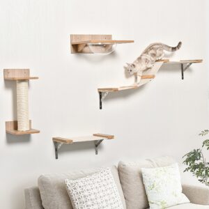 Kletterwand Katzen, 4-teilig Katzenkletterwand Set Katzen Wandelemente Mit Kratzbaum Hängematte Sprungplattform Kratzsäule Katzentreppe Katzenwandmöbel Für Klettern Schlafen Bis 5 Kg Hellbraun