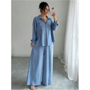 Chic Two-piece Set Plus-size Casual Shirt And High-waisted Wide-leg Pants Suit