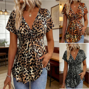 Summer Casual Leopard Print Cross-Tie V-Neck Short