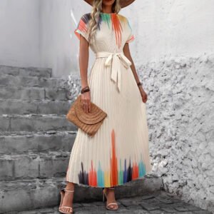 Lace-up Short-sleeve Mock-neck Versatile Dress Elegant For Workwear