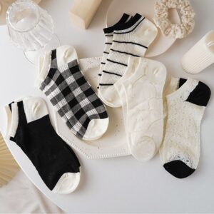 Black & White Minimalist No-Show Socks, Plaid, Striped & Lace Pattern Low-Cut Socks, Women's Breathable Mesh Casual Socks For Sneakers & Flats