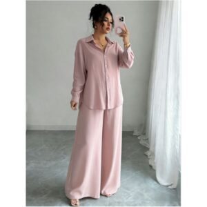 Chic Two-piece Set Plus-size Casual Shirt And High-waisted Wide-leg Pants Suit