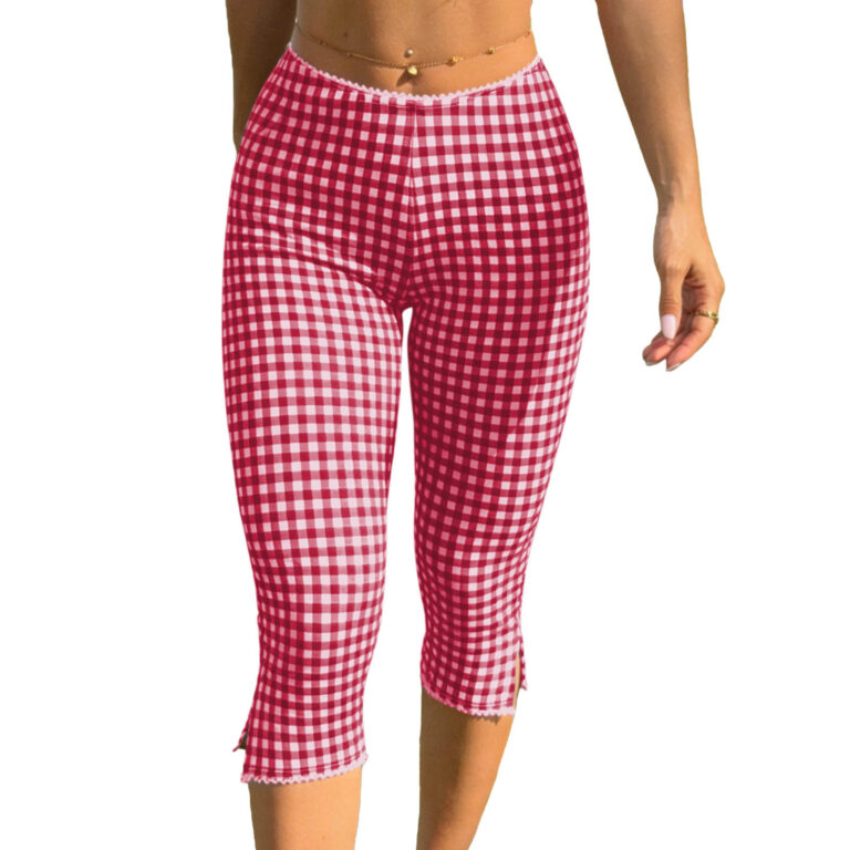 Womens Plaid Knitted Stretch Leggings Casual Pants