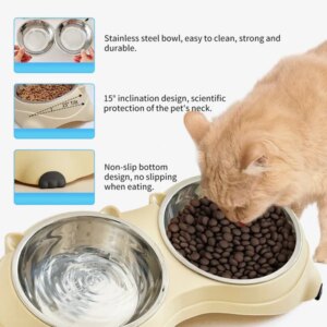 Anti Slip Base Double Cat Food Bowl, White Stainless Steel Food And Water Bowl, Easy To Clean And Detachable Design, Cat And Dog Pet Feeder