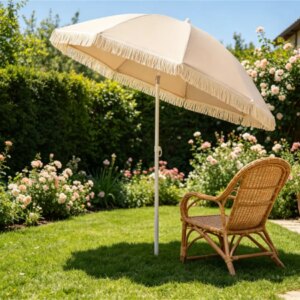 7 FT Boho Patio Umbrella With Fringe Tassel, 30′ Adjustable Tilt Outdoor Sun Canopy, Portable 2-Section Metal Beach Umbrella