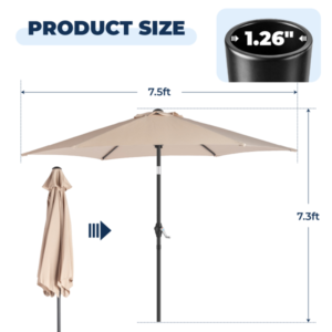 7.5FT Round Outdoor Patio Umbrella With Tilt Adjustment, Crank Lift System, 6 Iron Ribs & Iron Pole, Waterproof UV Protected Polyester Canopy, Khaki