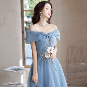 Off-shoulder Blue Evening Gown Womens Elegant French-style For Banquets