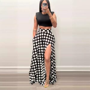 High-waisted Split Midi Skirt With A Polka Dot Print