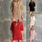 V-neck Short-sleeve Loose Hollow-out Knit Mini Dress