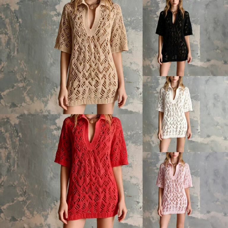 V-neck Short-sleeve Loose Hollow-out Knit Mini Dress