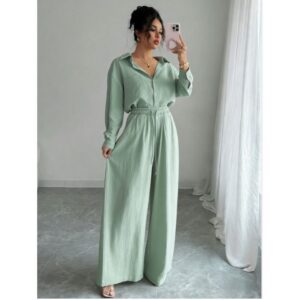 Chic Two-piece Set Plus-size Casual Shirt And High-waisted Wide-leg Pants Suit