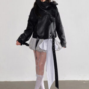 Three-dimensional Ruffled Stand-collar PU Faux Leather Jacket