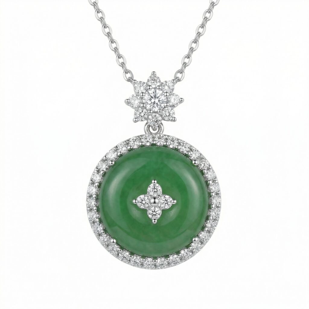 925 Sterling Silver Elegant Round Green Jade and Diamond Pendant Necklace with Floral Accents