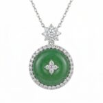 925 Sterling Silver Elegant Round Green Jade and Diamond Pendant Necklace with Floral Accents