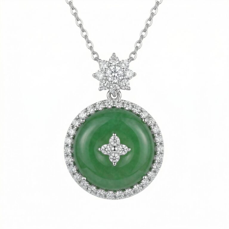 925 Sterling Silver Elegant Round Green Jade and Diamond Pendant Necklace with Floral Accents