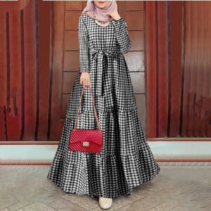 Womens Fashionable Round-neck Plaid Loose-fitting Dress