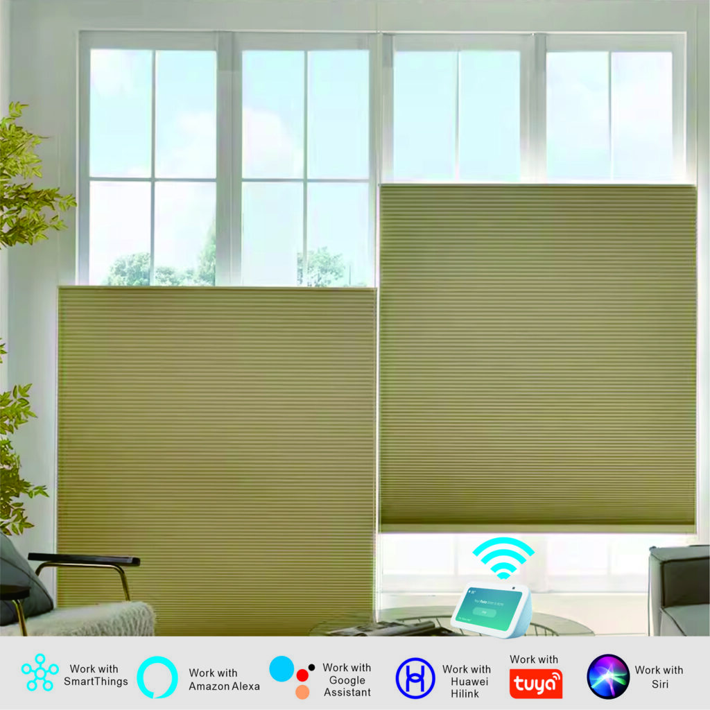 Raised Flag Day-Night Shade With Remote Control And Solar Panel-Full Blackout Motorized Shades For Home And Office-Cordless Organ Shade-Cordless Cellular Shade-Khaki