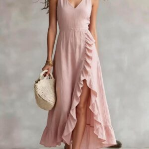 Womens V-neck Sleeveless Flounced Hem Split Dress