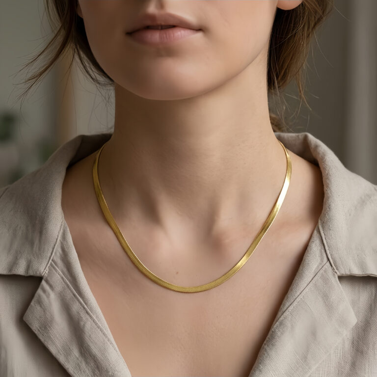925 Sterling Silver Elegant Gold Herringbone Chain Necklace