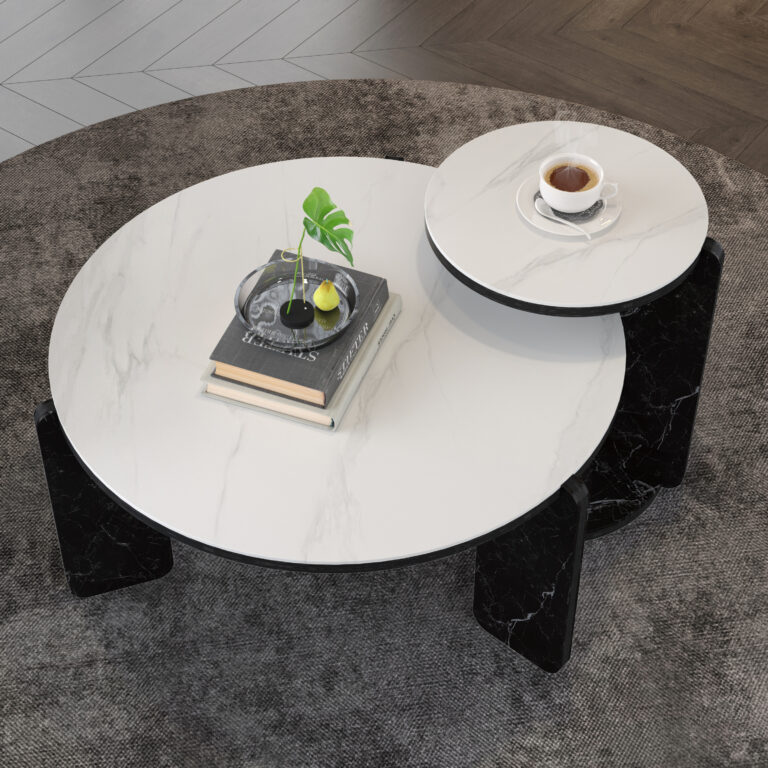 Set Of 2 Round Nesting Coffee Table For Small Place,living Room End Table With White Sintered Stone Top, 32.68 16.93 Diameter Side Table Night Stand For Bed Room Dining Room,83 43cm Sofa Table