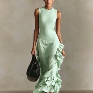Solid-color Long Dress With A Flounced Hem