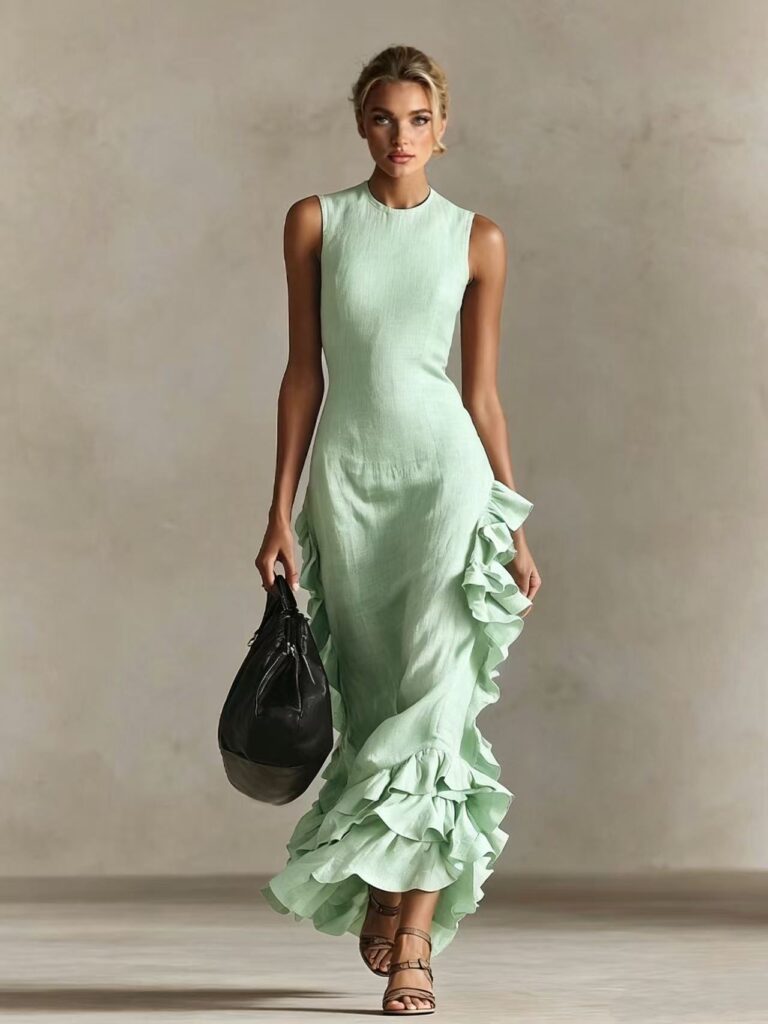 Solid-color Long Dress With A Flounced Hem