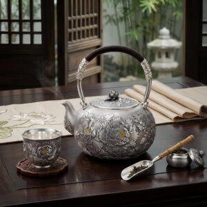 925 Sterling Silver Ornate Hand-Carved Silver Peony Teapot with Woven Handle and Floral Finial - Handicraft